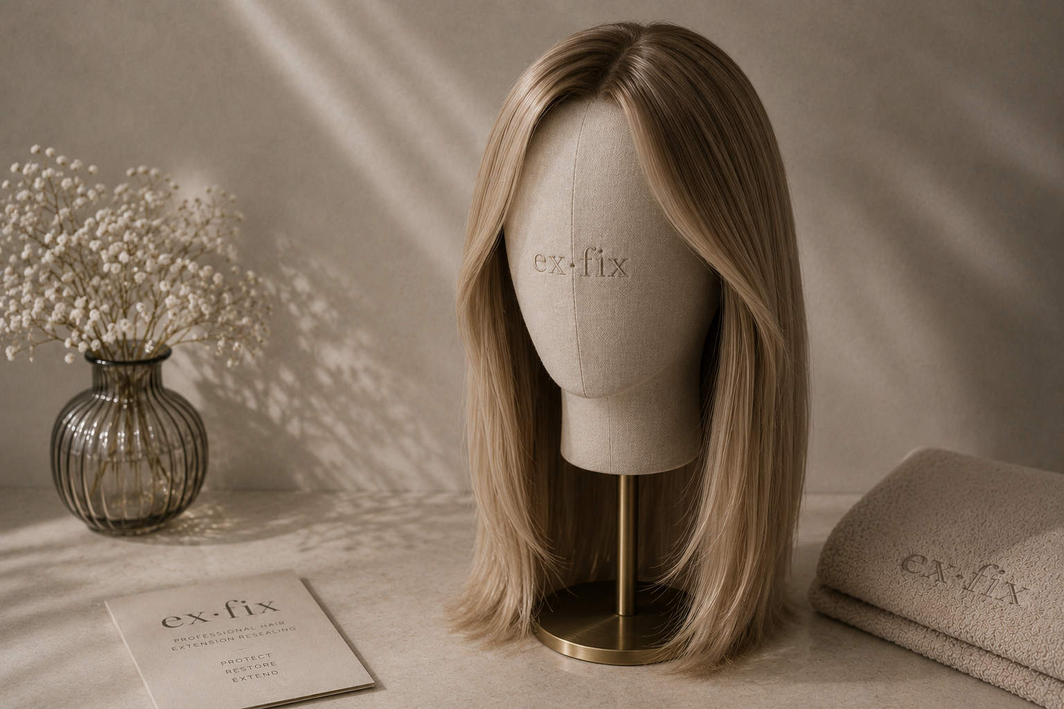 Premium blonde human hair wig resting on a linen mannequin head in warm light, beside a glass vase and folded towel